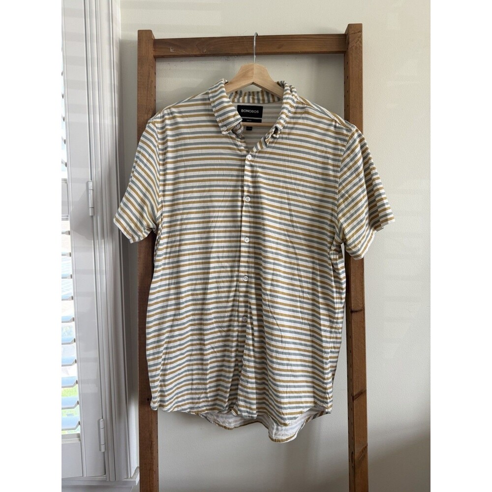 Bonobos Slim Fit Short Sleeve Button Down Shirt Mens L Striped Gold Grey White